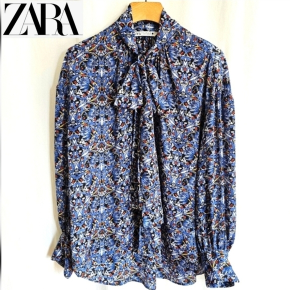 🇪🇦 Zara Blue Floral Paisley Long Sleeve Satin Blouse with Bow - Picture 1 of 16